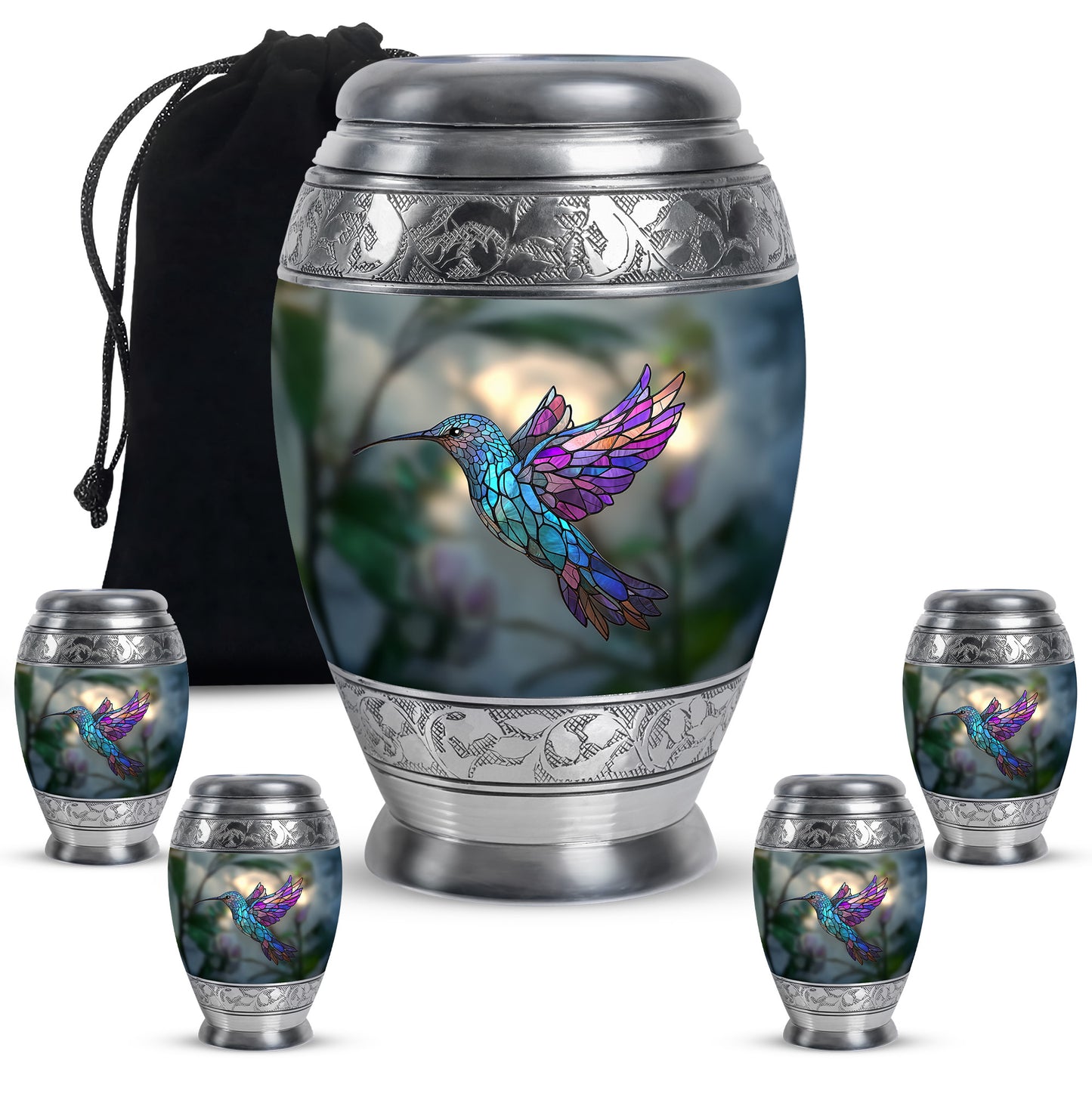 Emerald Green Hummingbird Cremation Urn detail view - ornate monarch-style hummingbird relief on brushed aluminum - memorial set with one large and four small urns