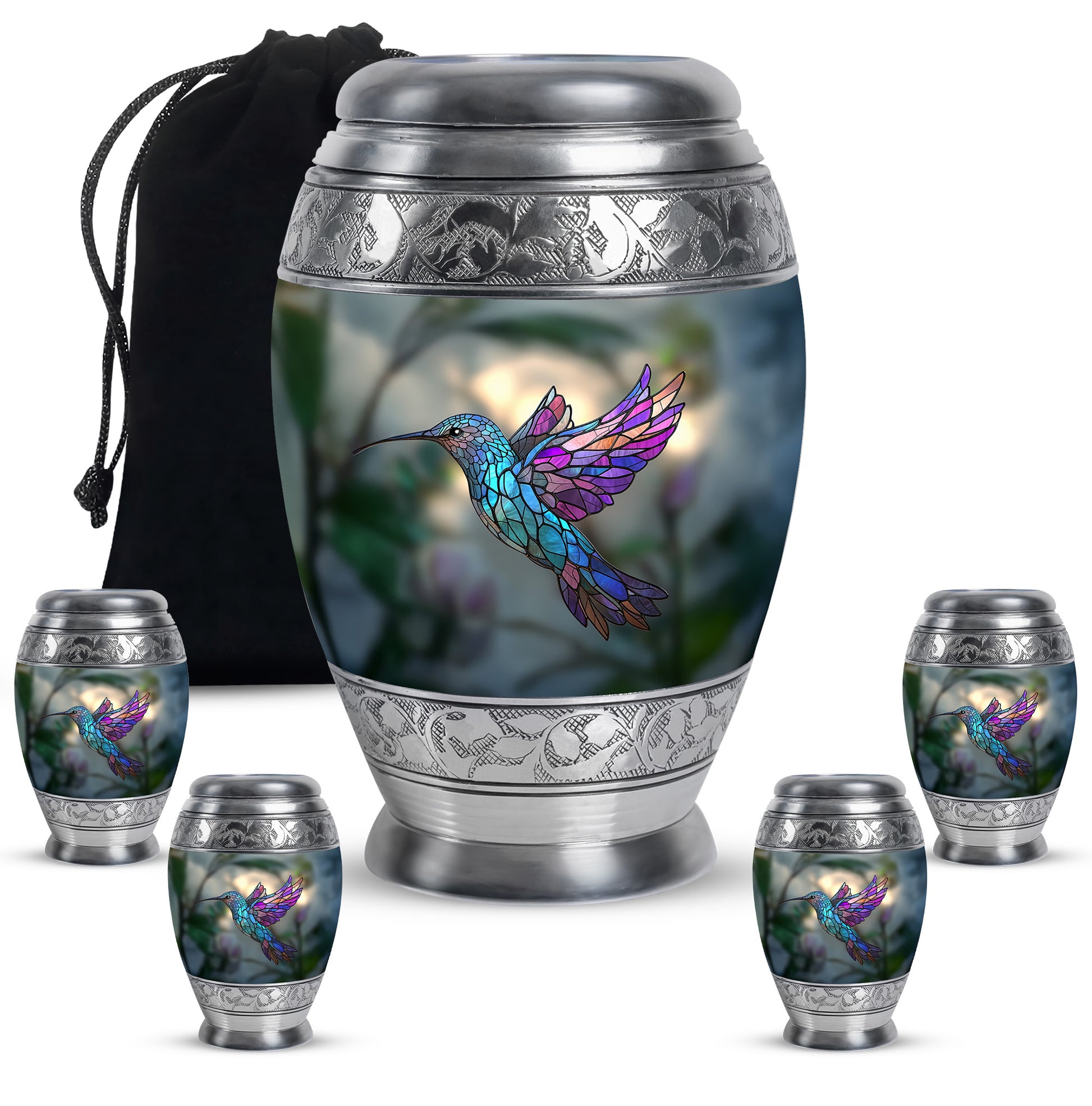 Emerald Green Hummingbird Cremation Urn detail view - ornate monarch-style hummingbird relief on brushed aluminum - memorial set with one large and four small urns