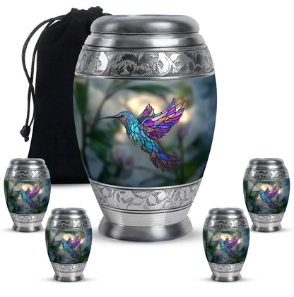 Emerald Green Hummingbird Cremation Urn detail view - ornate monarch-style hummingbird relief on brushed aluminum - memorial set with one large and four small urns