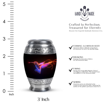 Charcoal Black Hummingbird Cremation Urn lifestyle display on memorial shelf - majestic hummingbird pattern with filigree border - mini keepsake memorial for portion of cremation ashes