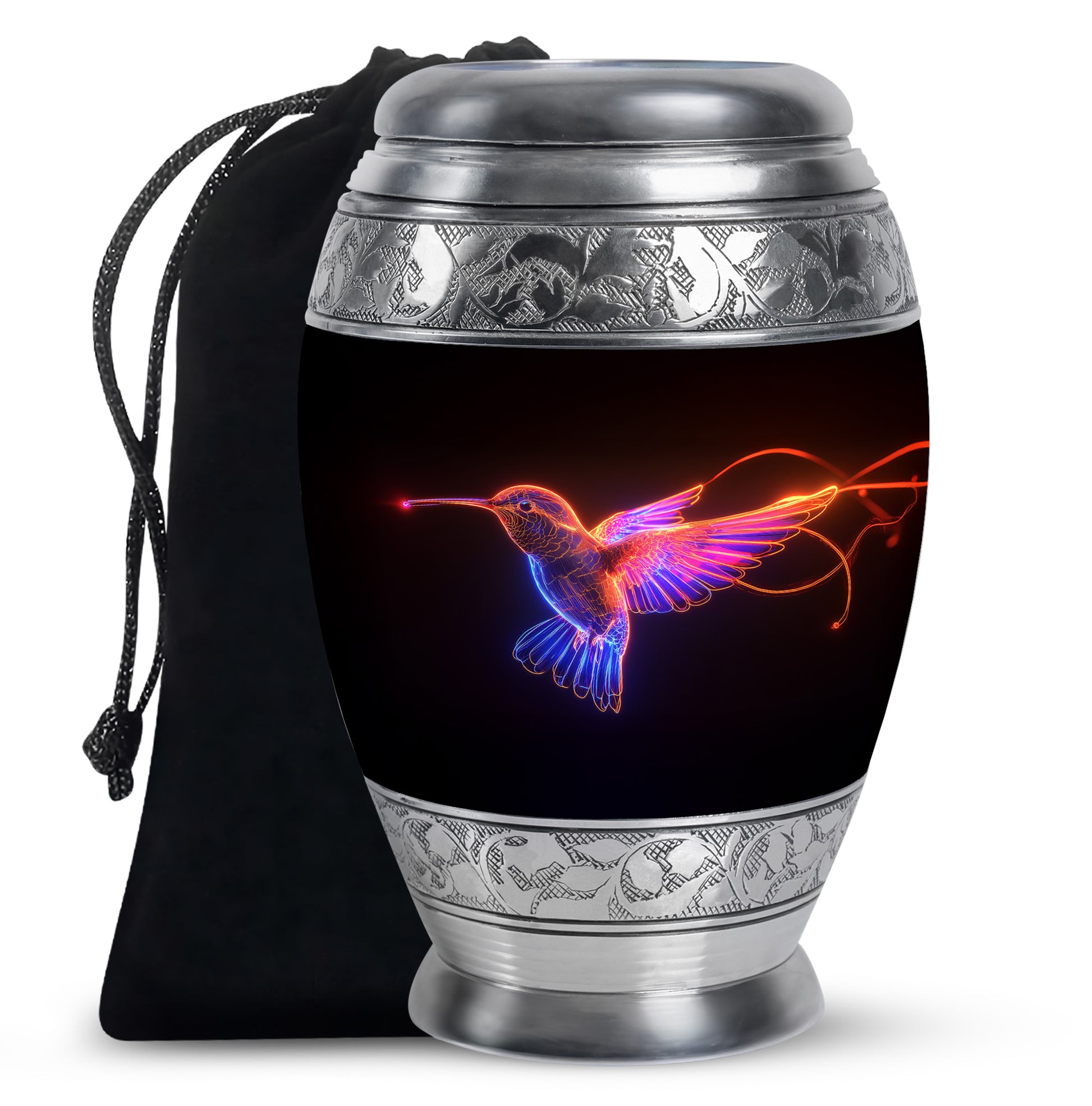 Charcoal Black Hummingbird Cremation Urn back view with polished surface - royal hummingbird engraving with decorative scrollwork - full-size 10 inch 200 cubic inch adult cremation urn