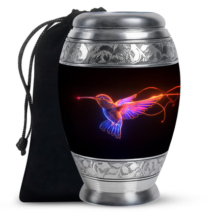 Charcoal Black Hummingbird Cremation Urn back view with polished surface - royal hummingbird engraving with decorative scrollwork - full-size 10 inch 200 cubic inch adult cremation urn