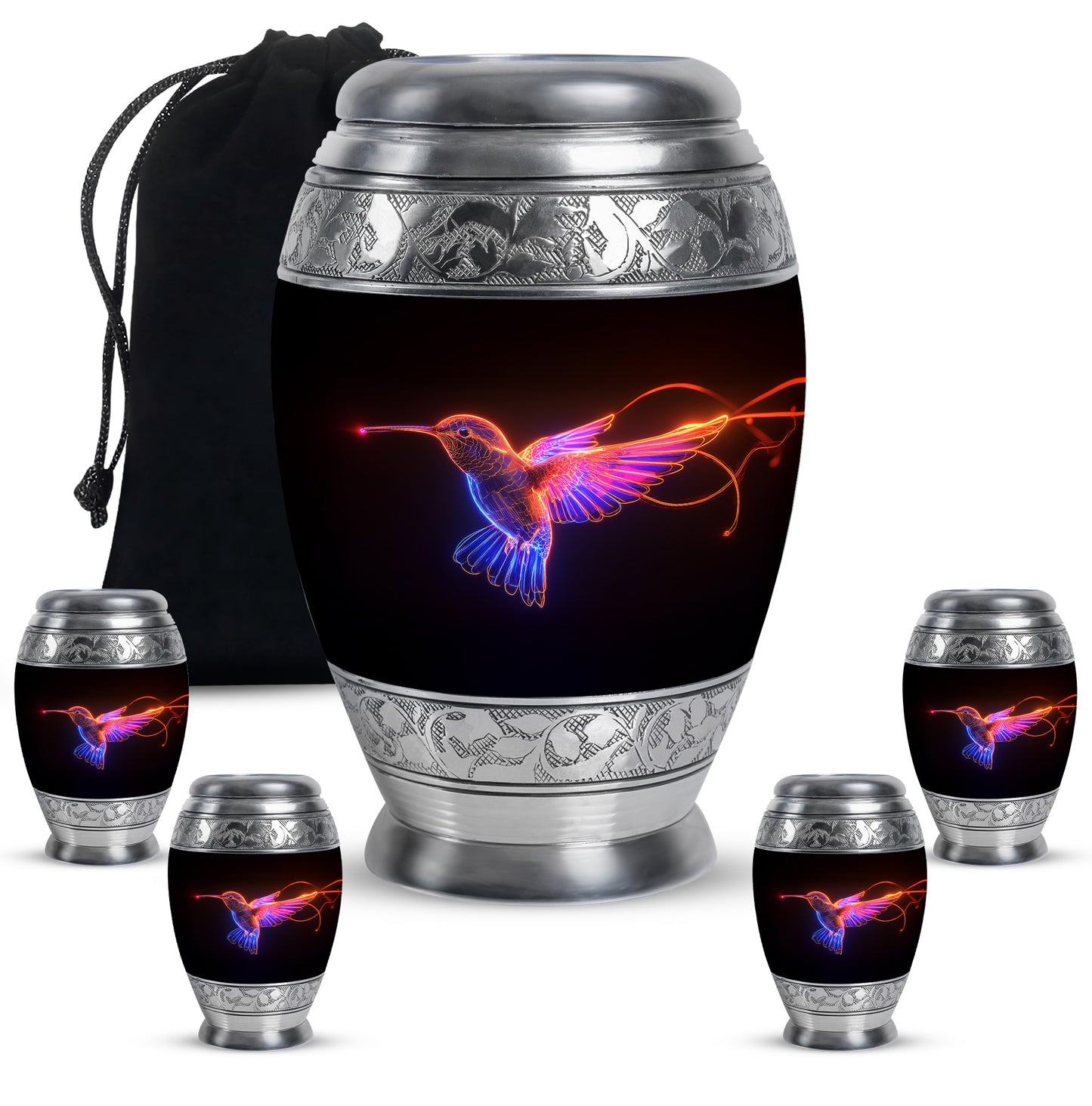 Onyx Black Hummingbird Cremation Urn detail view - majestic hummingbird pattern with filigree border - memorial set with one large and four small urns
