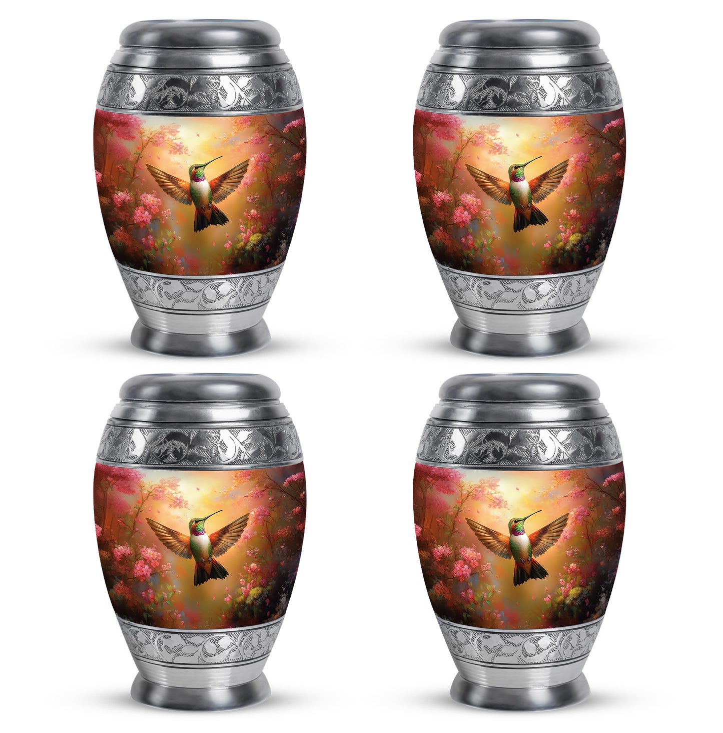 Matte Gold Hummingbird Cremation Urn urn with complimentary velvet bag - majestic hummingbird pattern with filigree border - 10 inch aluminum urn for cremated remains