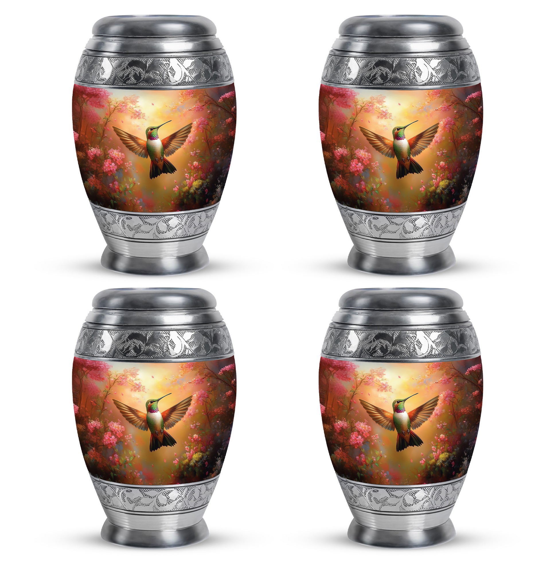 Matte Gold Hummingbird Cremation Urn urn with complimentary velvet bag - majestic hummingbird pattern with filigree border - 10 inch aluminum urn for cremated remains