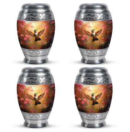 Matte Gold Hummingbird Cremation Urn urn with complimentary velvet bag - majestic hummingbird pattern with filigree border - 10 inch aluminum urn for cremated remains