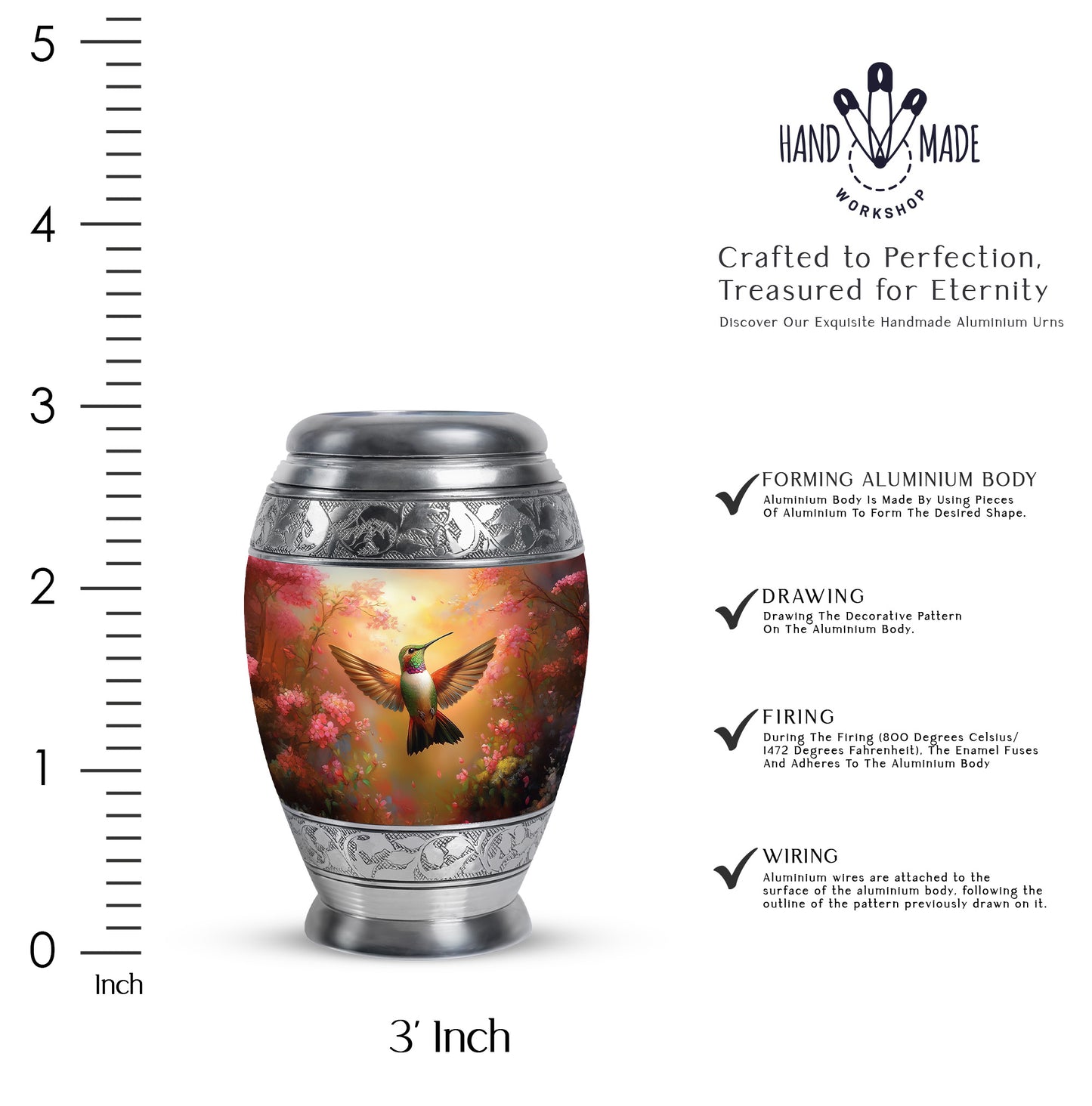 Harvest Gold Hummingbird Cremation Urn lifestyle display on memorial shelf - majestic hummingbird pattern with filigree border - mini keepsake memorial for portion of cremation ashes