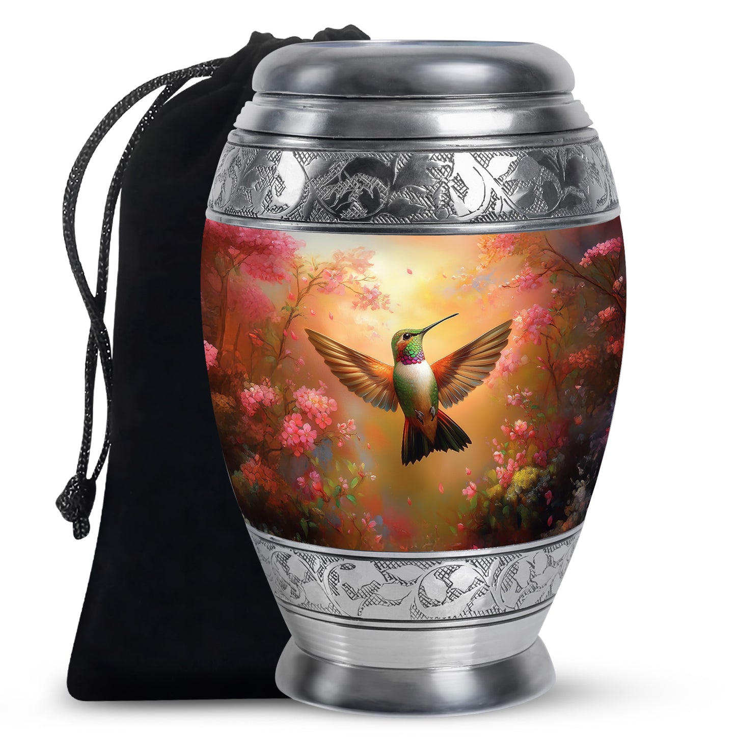 Amber Gold Hummingbird Cremation Urn back view with polished surface - ornate monarch-style hummingbird relief on brushed aluminum - full-size 10 inch 200 cubic inch adult cremation urn