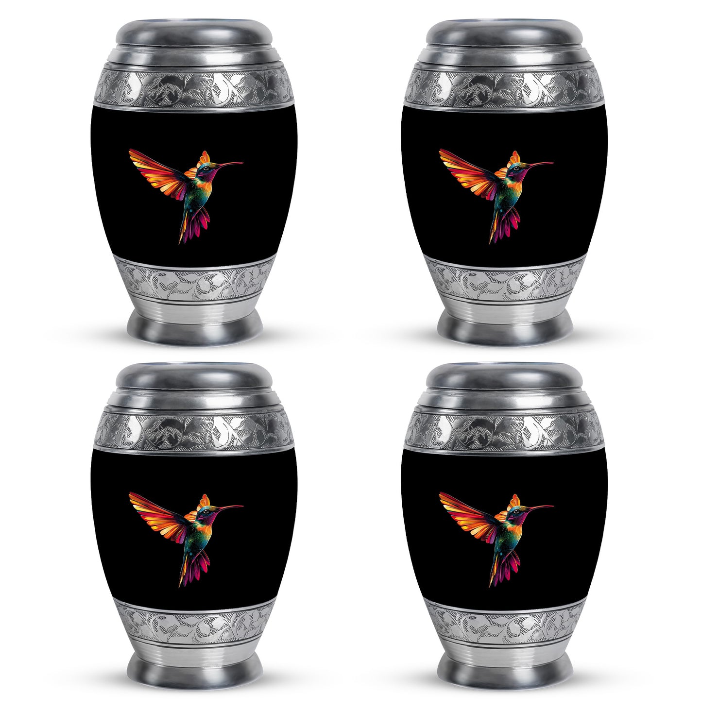 Obsidian Black Hummingbird Cremation Urn urn with complimentary velvet bag - royal hummingbird engraving with decorative scrollwork - 10 inch aluminum urn for cremated remains
