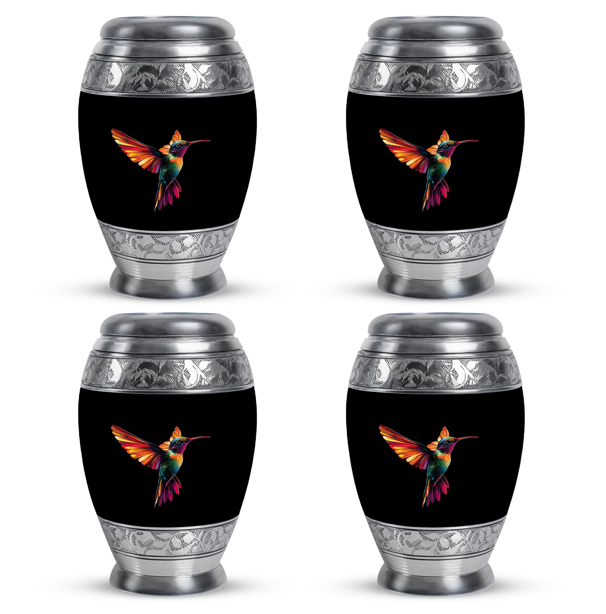 Obsidian Black Hummingbird Cremation Urn urn with complimentary velvet bag - royal hummingbird engraving with decorative scrollwork - 10 inch aluminum urn for cremated remains