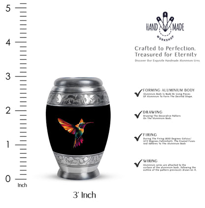 Midnight Black Hummingbird Cremation Urn lifestyle display on memorial shelf - royal hummingbird engraving with decorative scrollwork - mini keepsake memorial for portion of cremation ashes