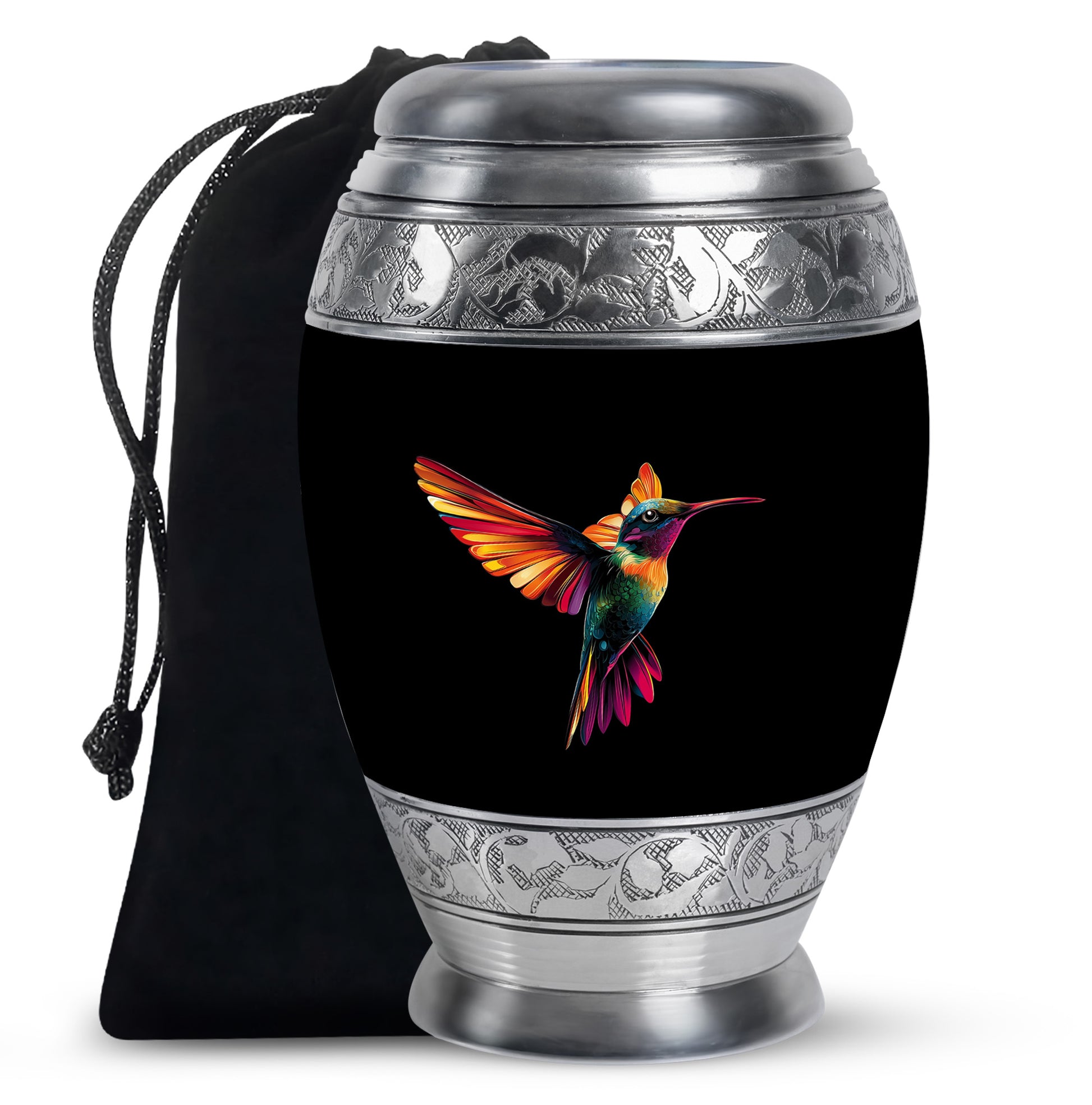 Dark Black Hummingbird Cremation Urn back view with polished surface - royal hummingbird engraving with decorative scrollwork - full-size 10 inch 200 cubic inch adult cremation urn