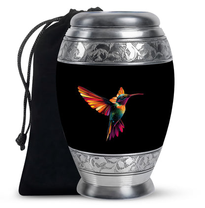 Dark Black Hummingbird Cremation Urn back view with polished surface - royal hummingbird engraving with decorative scrollwork - full-size 10 inch 200 cubic inch adult cremation urn