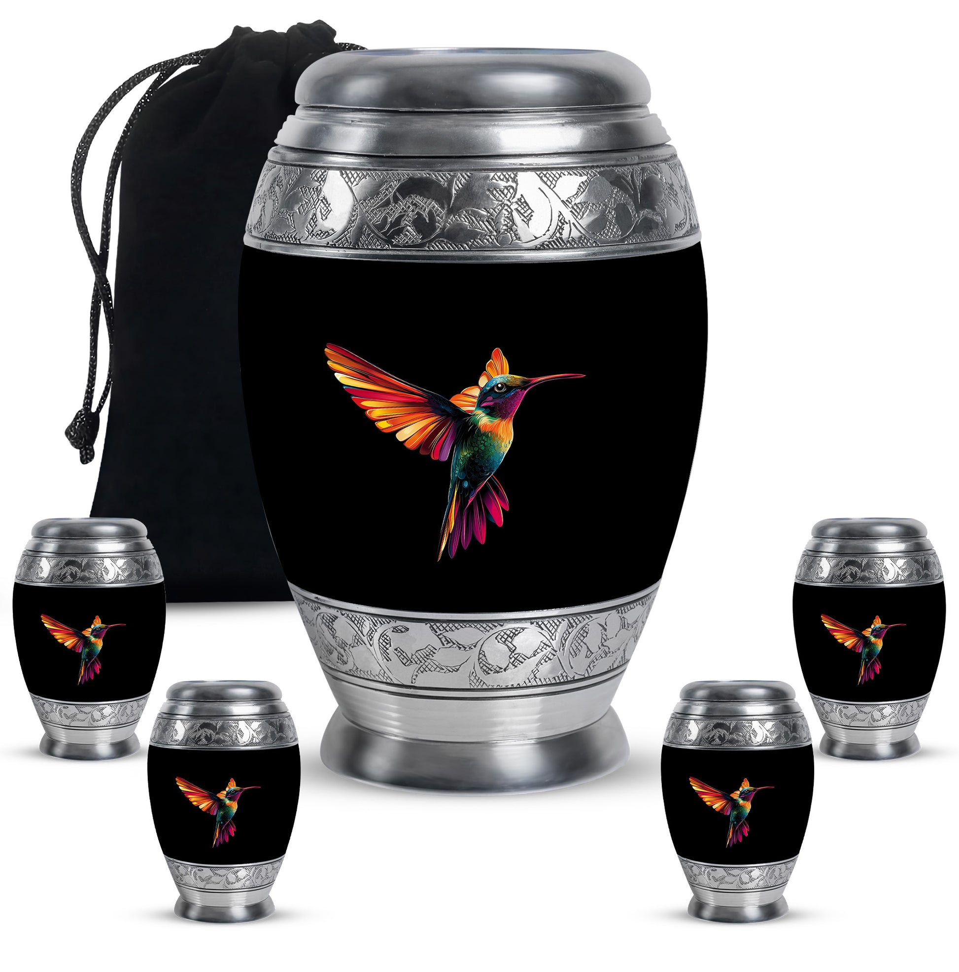 Glossy Black Hummingbird Cremation Urn detail view - regal hummingbird design with crown-inspired accents - memorial set with one large and four small urns