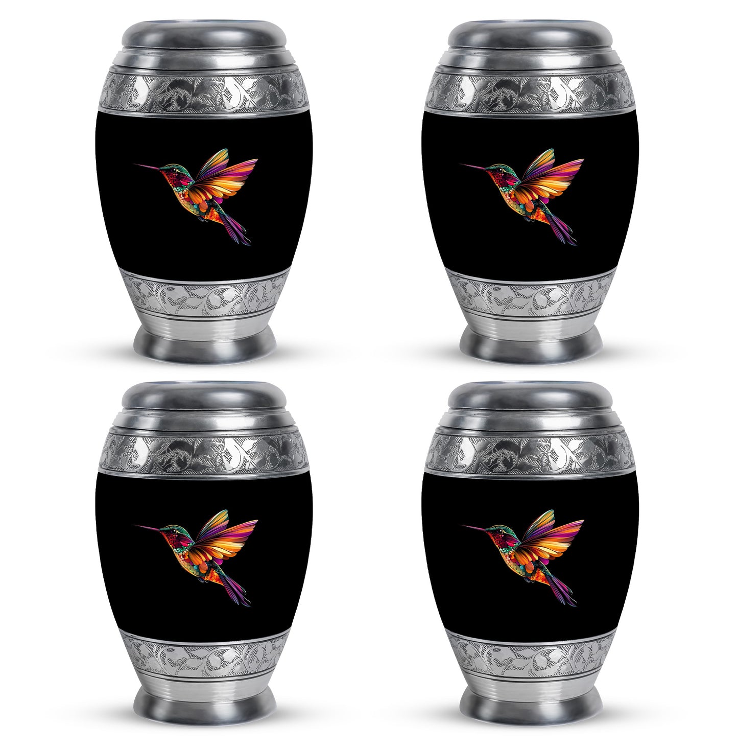 Deep Black Hummingbird Cremation Urn urn with complimentary velvet bag - regal hummingbird design with crown-inspired accents - 10 inch aluminum urn for cremated remains