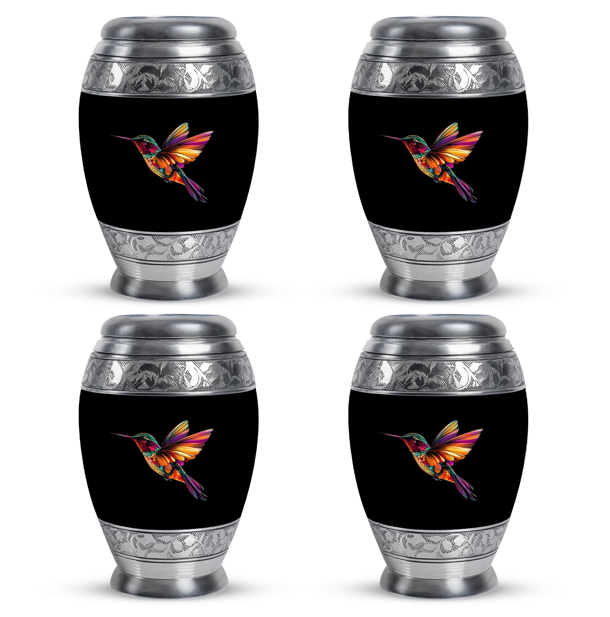 Deep Black Hummingbird Cremation Urn urn with complimentary velvet bag - regal hummingbird design with crown-inspired accents - 10 inch aluminum urn for cremated remains