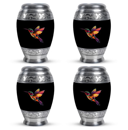 Deep Black Hummingbird Cremation Urn urn with complimentary velvet bag - regal hummingbird design with crown-inspired accents - 10 inch aluminum urn for cremated remains