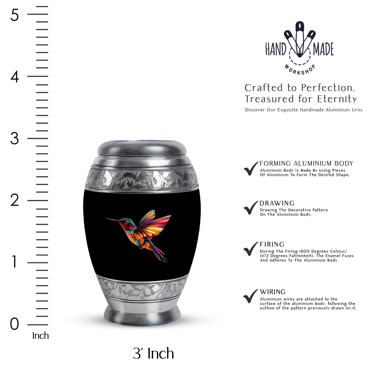 Obsidian Black Hummingbird Cremation Urn lifestyle display on memorial shelf - majestic hummingbird pattern with filigree border - mini keepsake memorial for portion of cremation ashes