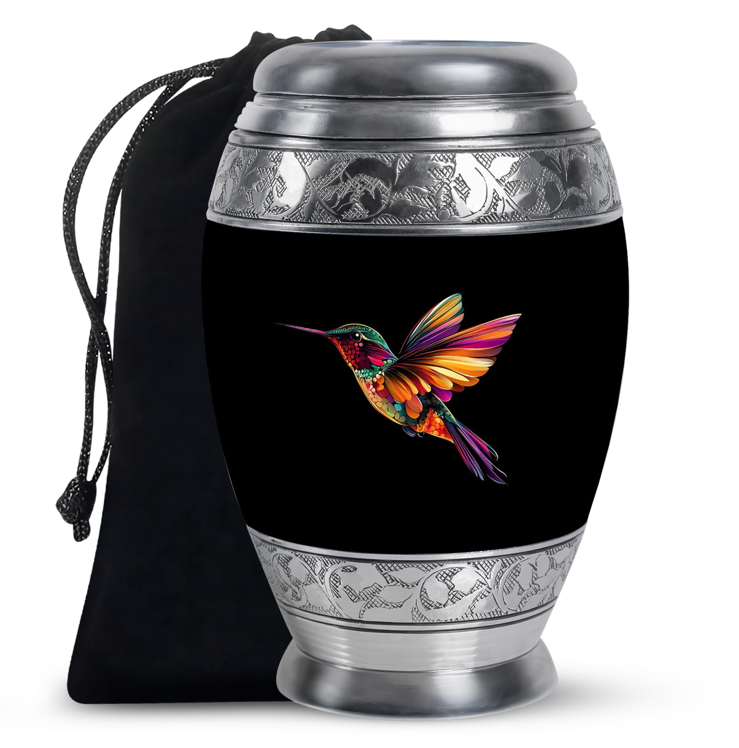 Obsidian Black Hummingbird Cremation Urn back view with polished surface - royal hummingbird engraving with decorative scrollwork - full-size 10 inch 200 cubic inch adult cremation urn