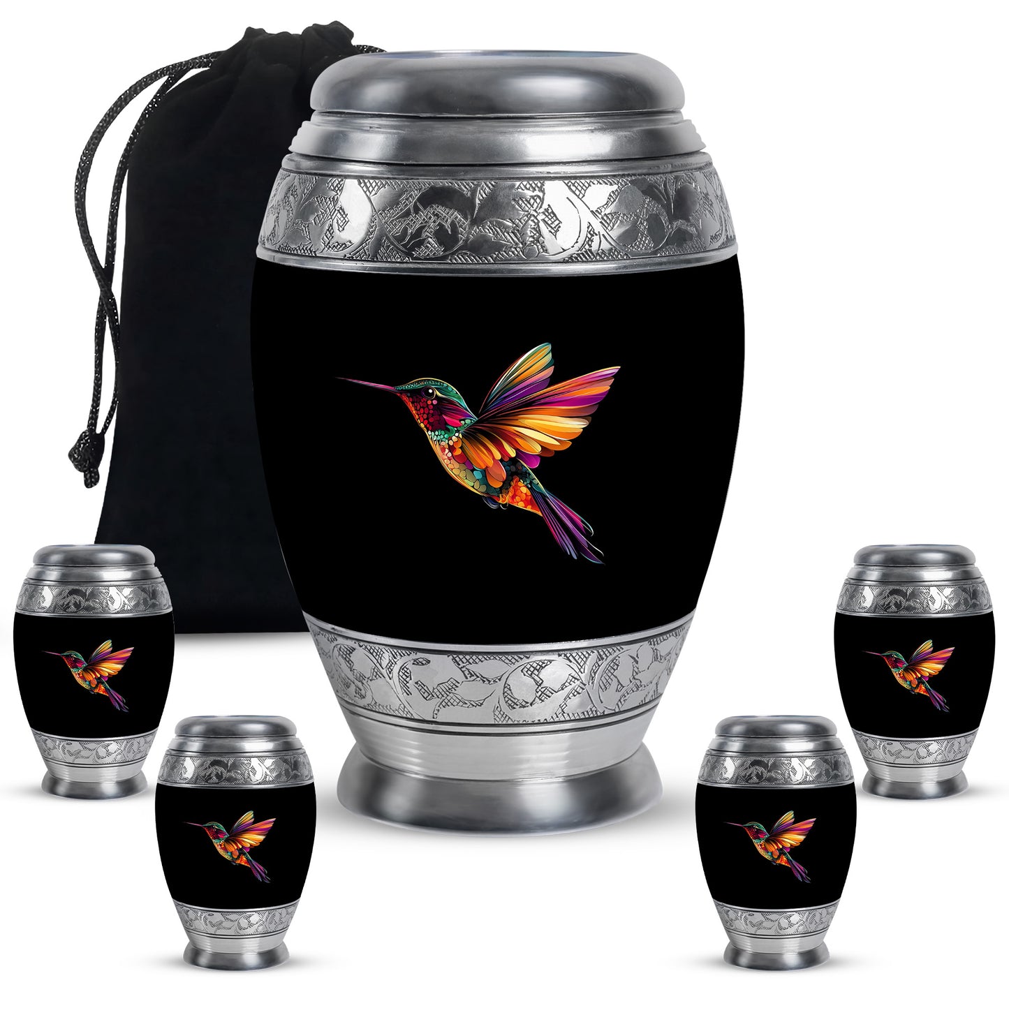Rich Black Hummingbird Cremation Urn detail view - regal hummingbird design with crown-inspired accents - memorial set with one large and four small urns