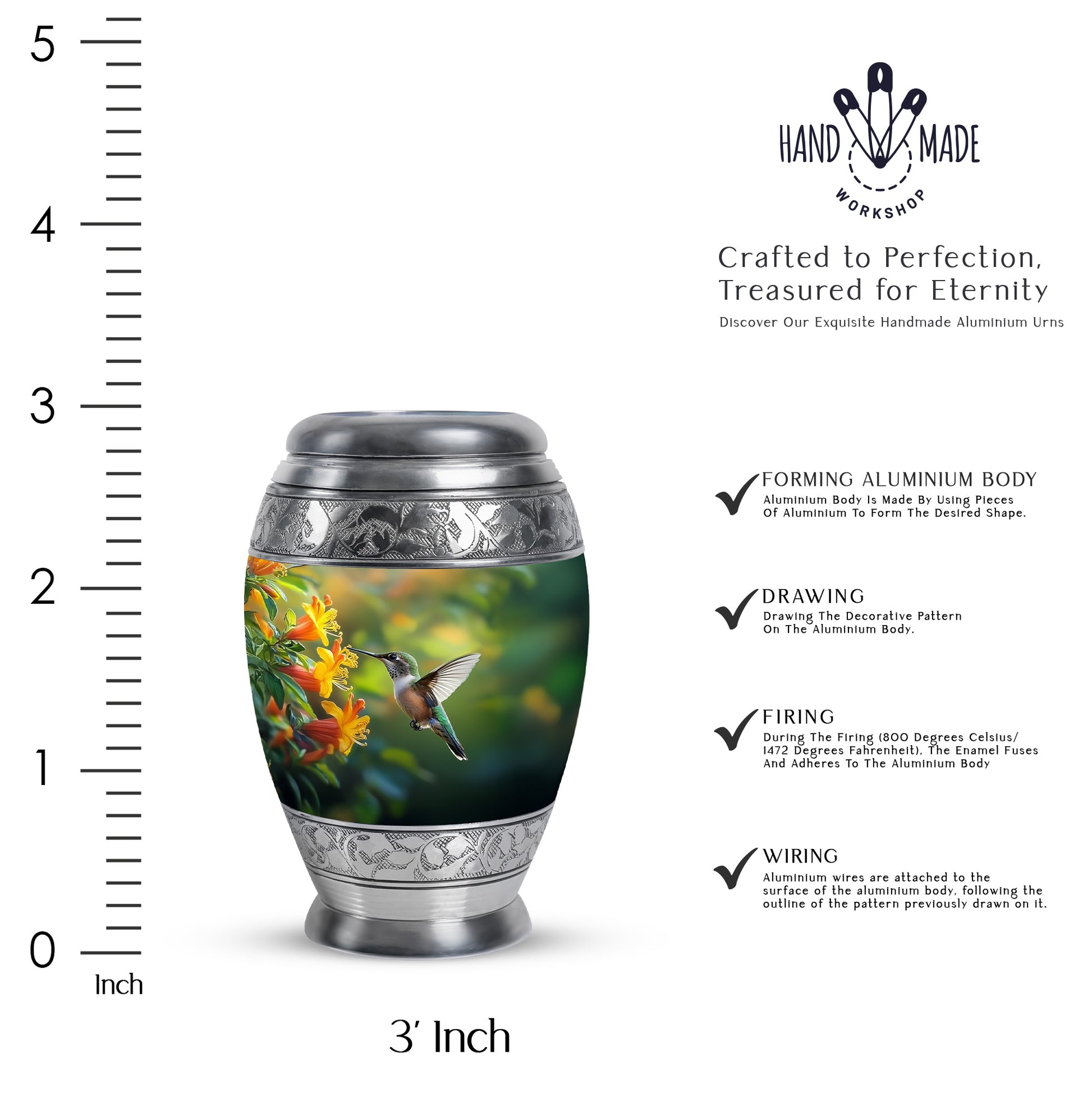 Emerald Green Hummingbird Cremation Urn lifestyle display on memorial shelf - ornate monarch-style hummingbird relief on brushed aluminum - mini keepsake memorial for portion of cremation ashes