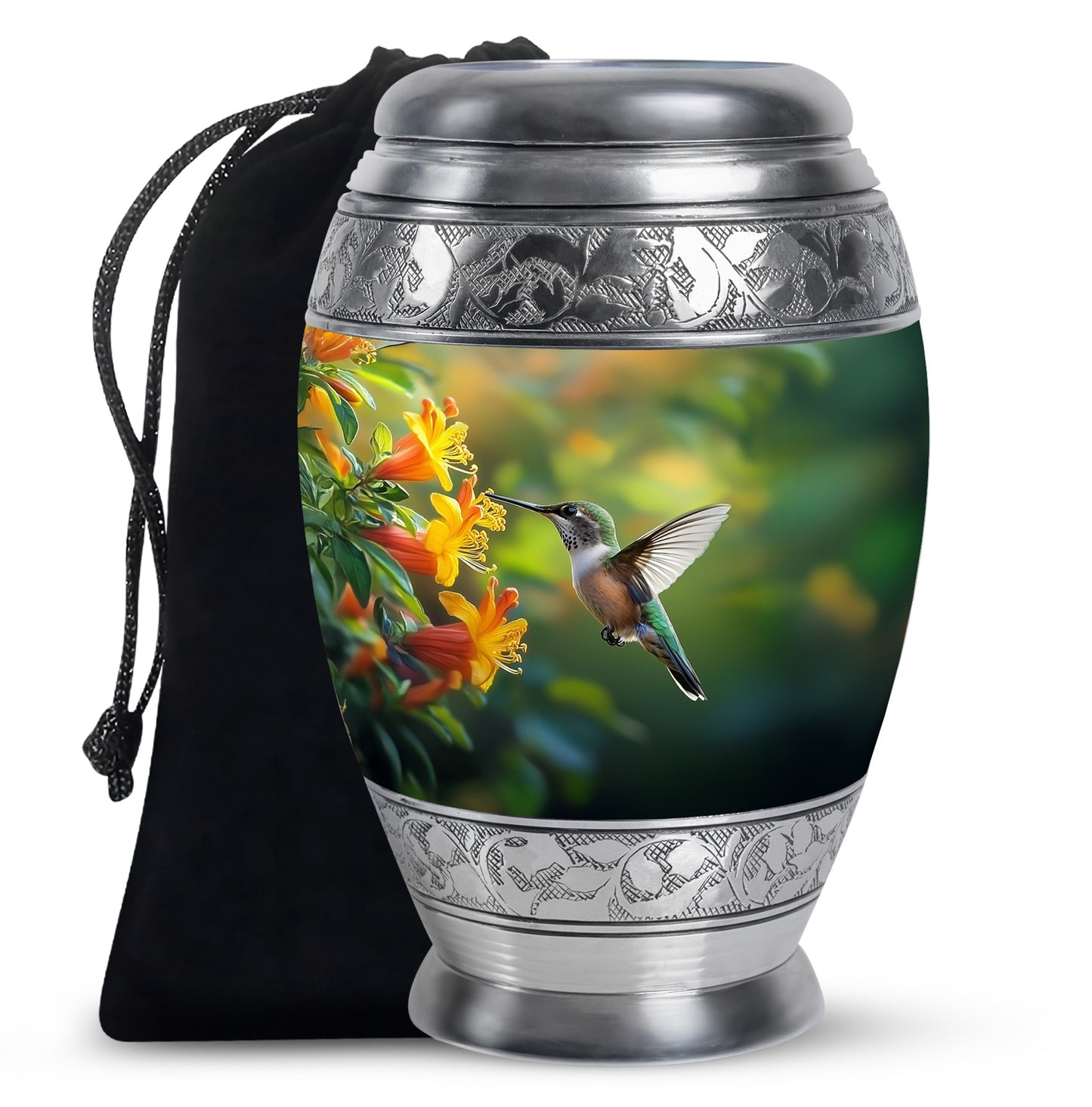 Sage Green Hummingbird Cremation Urn back view with polished surface - regal hummingbird design with crown-inspired accents - full-size 10 inch 200 cubic inch adult cremation urn