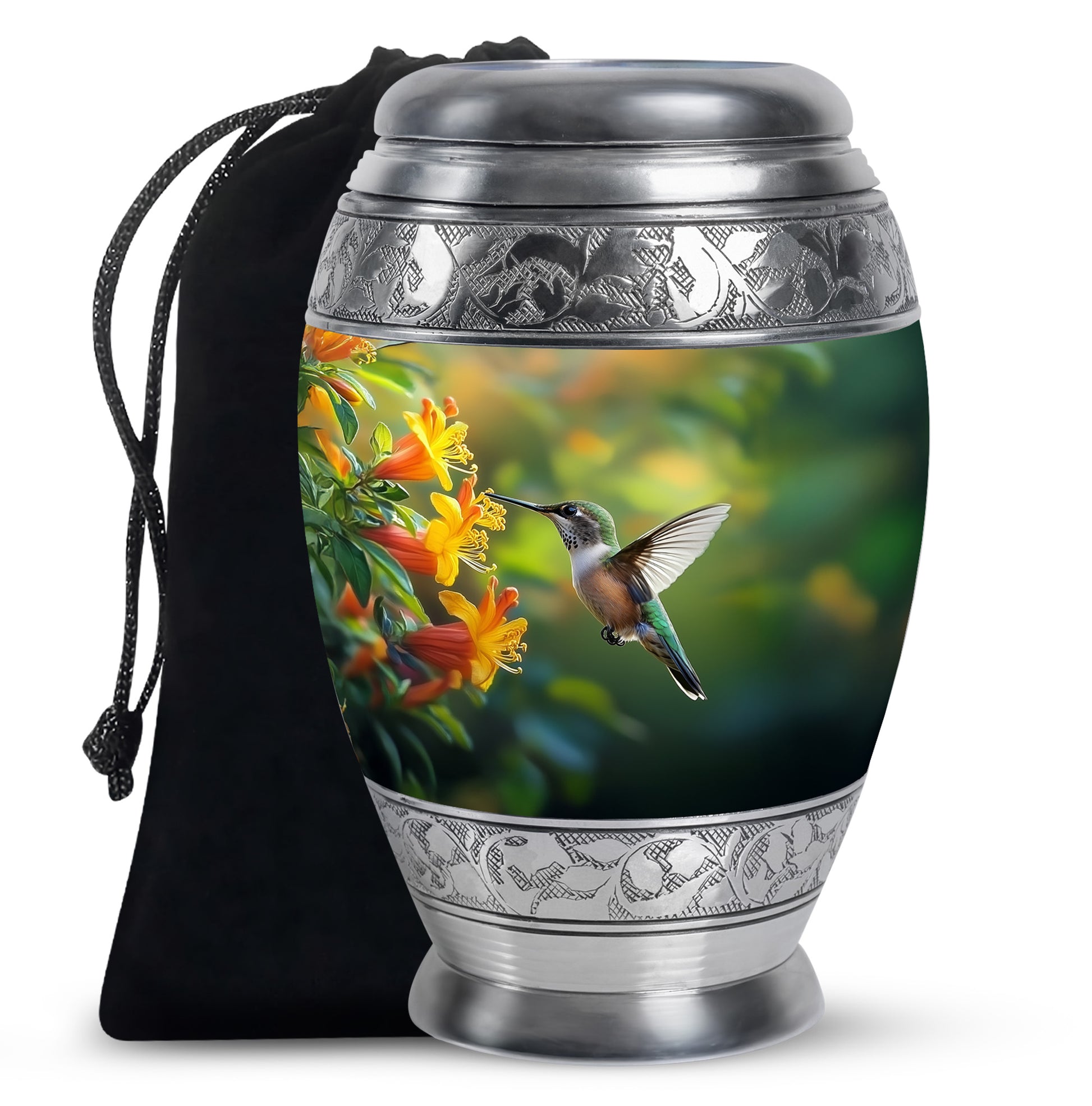 Sage Green Hummingbird Cremation Urn back view with polished surface - regal hummingbird design with crown-inspired accents - full-size 10 inch 200 cubic inch adult cremation urn