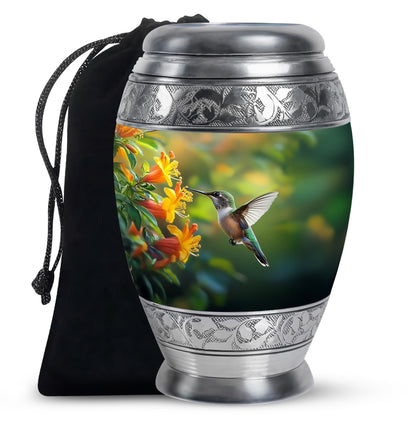 Sage Green Hummingbird Cremation Urn back view with polished surface - regal hummingbird design with crown-inspired accents - full-size 10 inch 200 cubic inch adult cremation urn