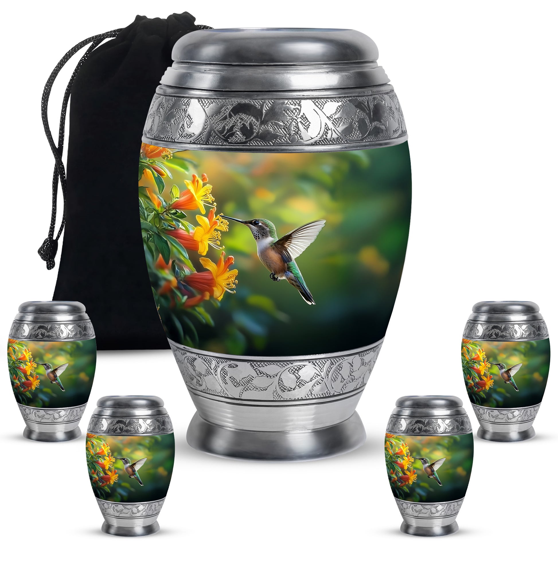 Olive Green Hummingbird Cremation Urn detail view - royal hummingbird engraving with decorative scrollwork - memorial set with one large and four small urns