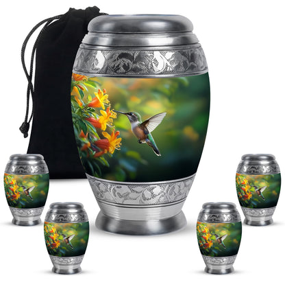 Olive Green Hummingbird Cremation Urn detail view - royal hummingbird engraving with decorative scrollwork - memorial set with one large and four small urns