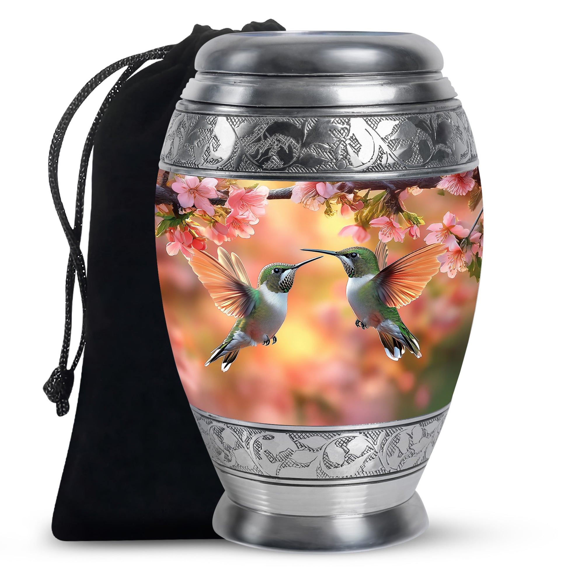 Warm Gold Hummingbird Cremation Urn back view with polished surface - royal hummingbird engraving with decorative scrollwork - full-size 10 inch 200 cubic inch adult cremation urn
