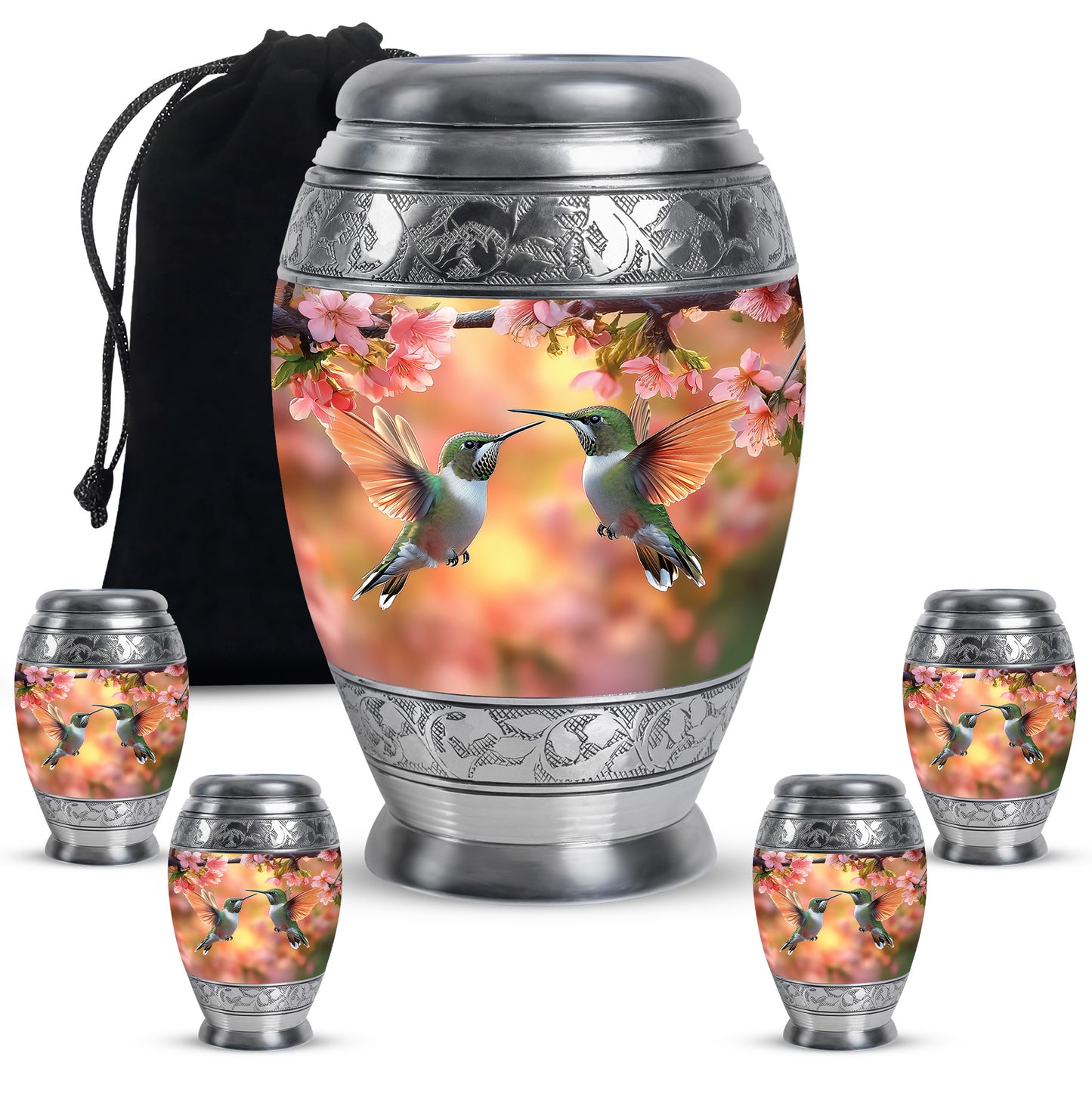 Warm Gold Hummingbird Cremation Urn detail view - royal hummingbird engraving with decorative scrollwork - memorial set with one large and four small urns