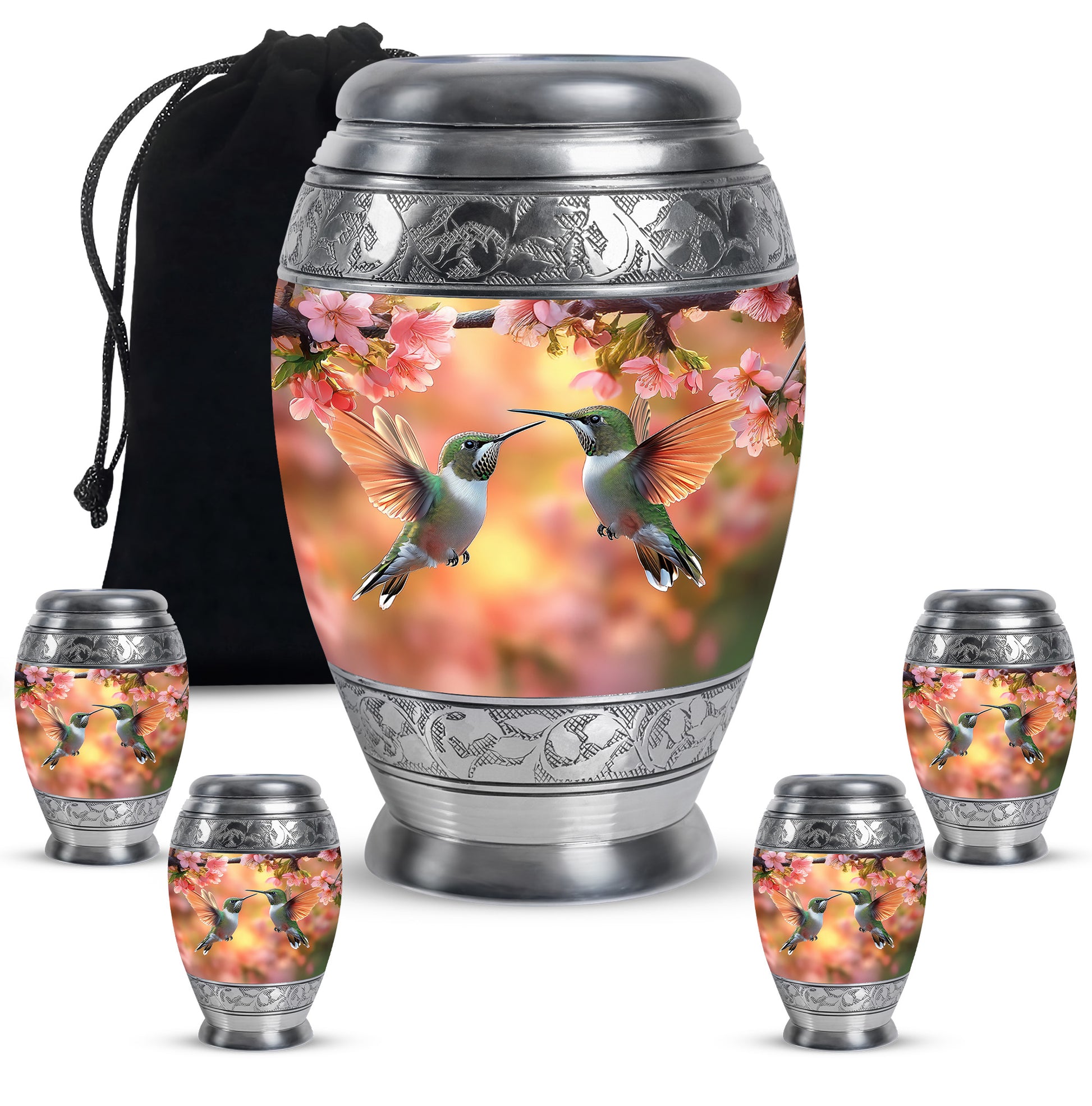 Warm Gold Hummingbird Cremation Urn detail view - royal hummingbird engraving with decorative scrollwork - memorial set with one large and four small urns