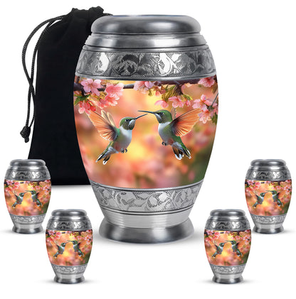 Warm Gold Hummingbird Cremation Urn detail view - royal hummingbird engraving with decorative scrollwork - memorial set with one large and four small urns