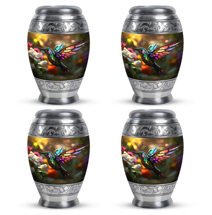 Sunrise Gold Hummingbird Cremation Urn urn with complimentary velvet bag - regal hummingbird design with crown-inspired accents - 10 inch aluminum urn for cremated remains