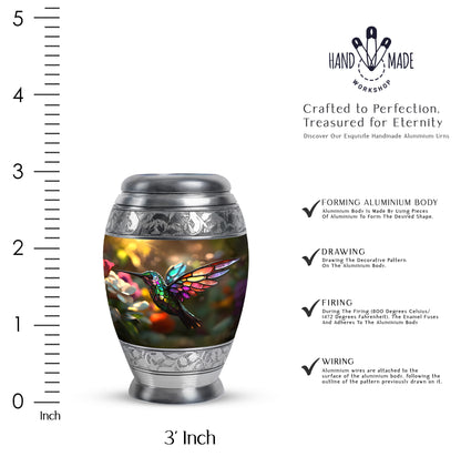 Harvest Gold Hummingbird Cremation Urn lifestyle display on memorial shelf - majestic hummingbird pattern with filigree border - mini keepsake memorial for portion of cremation ashes