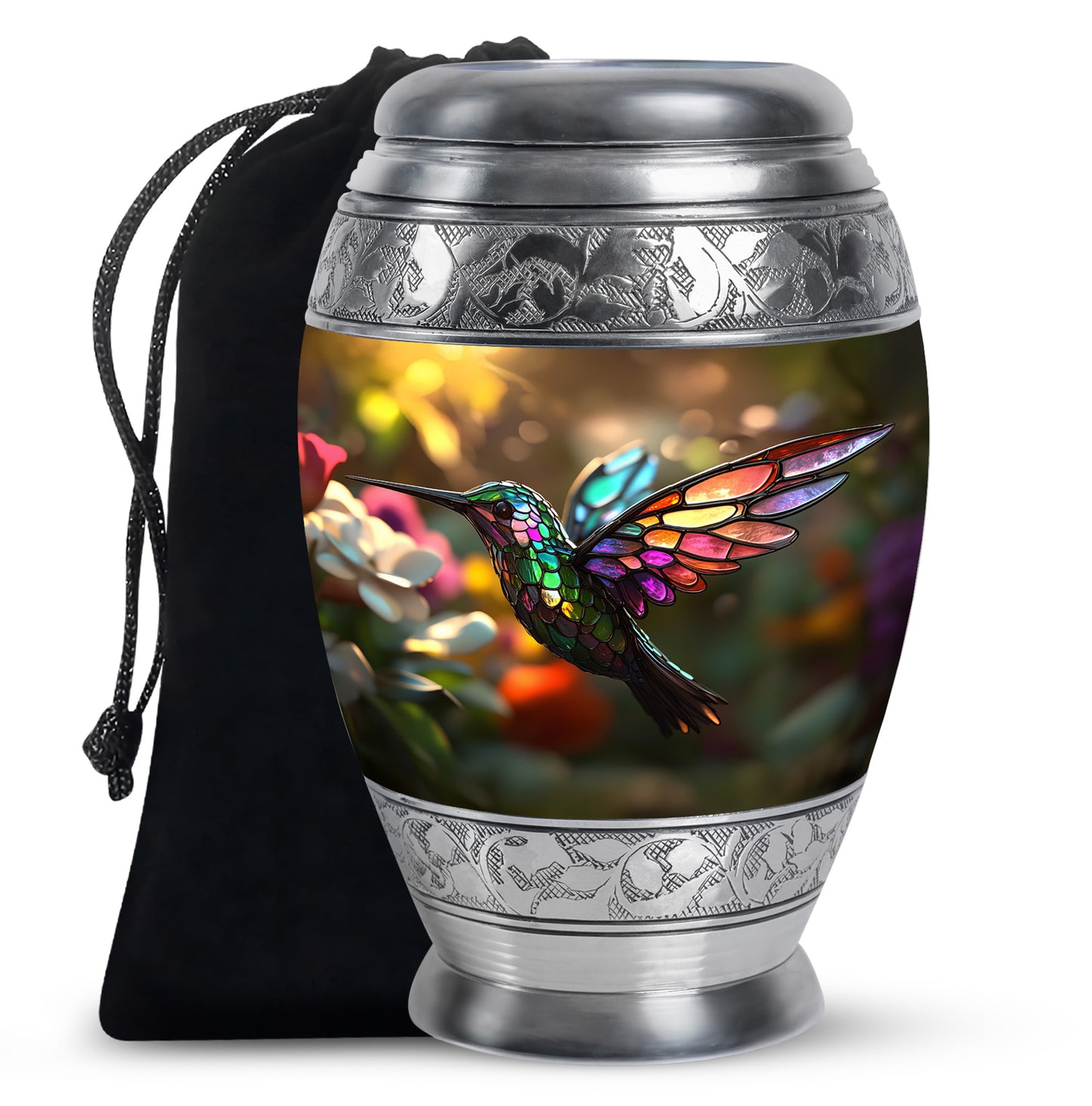 Royal Gold Hummingbird Cremation Urn back view with polished surface - majestic hummingbird pattern with filigree border - full-size 10 inch 200 cubic inch adult cremation urn