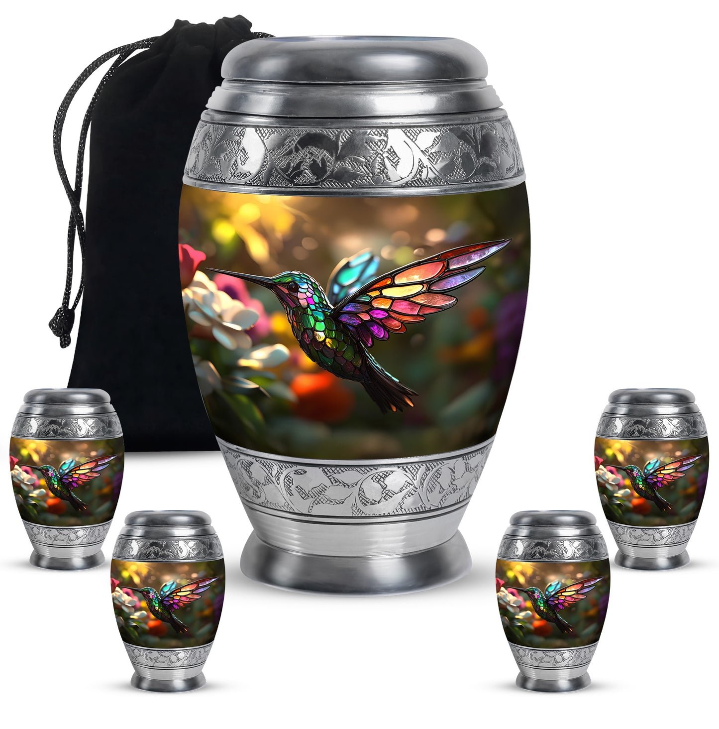 Amber Gold Hummingbird Cremation Urn detail view - ornate monarch-style hummingbird relief on brushed aluminum - memorial set with one large and four small urns