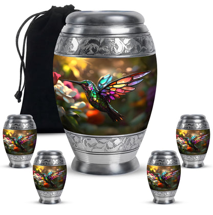 Amber Gold Hummingbird Cremation Urn detail view - ornate monarch-style hummingbird relief on brushed aluminum - memorial set with one large and four small urns