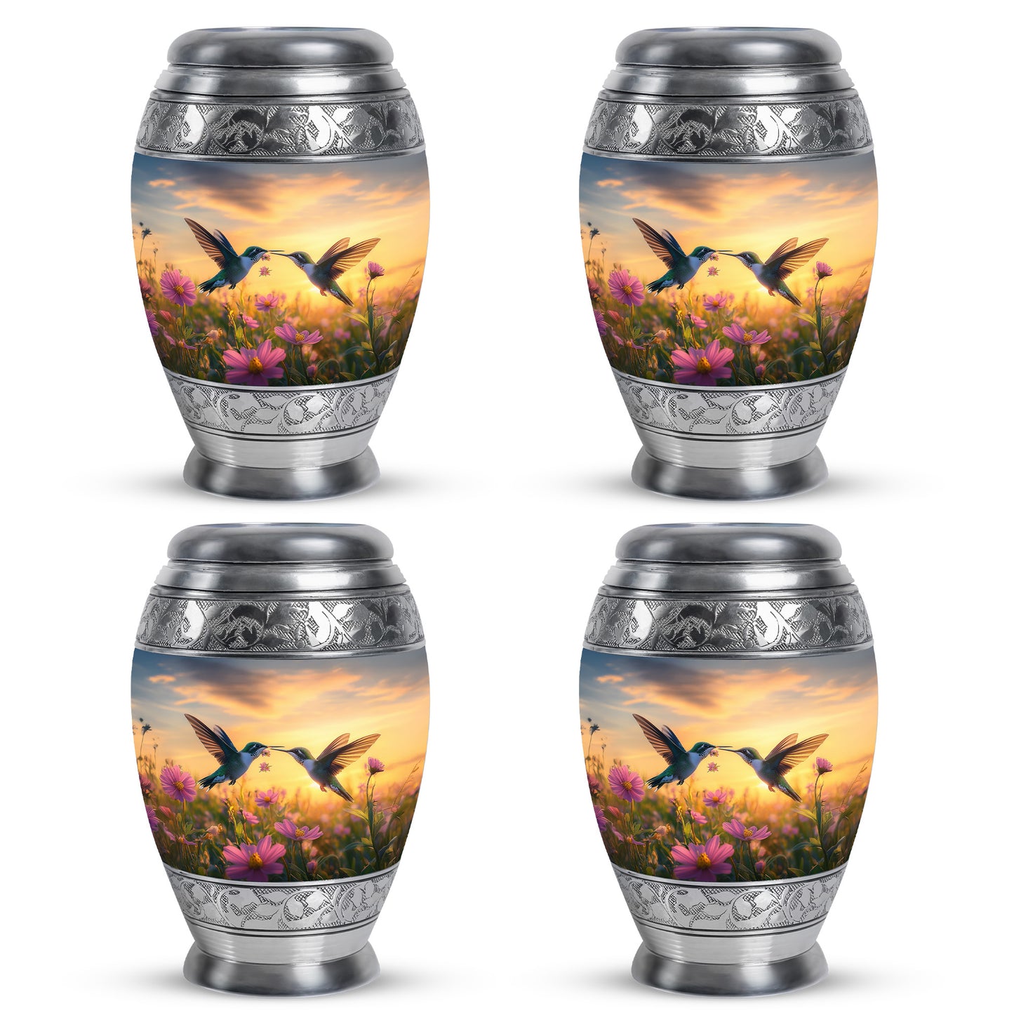 Icy Blue Hummingbird Cremation Urn urn with complimentary velvet bag - ornate monarch-style hummingbird relief on brushed aluminum - 10 inch aluminum urn for cremated remains