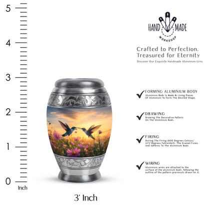 Powder Blue Hummingbird Cremation Urn lifestyle display on memorial shelf - ornate monarch-style hummingbird relief on brushed aluminum - mini keepsake memorial for portion of cremation ashes