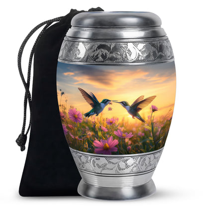 Steel Blue Hummingbird Cremation Urn back view with polished surface - royal hummingbird engraving with decorative scrollwork - full-size 10 inch 200 cubic inch adult cremation urn
