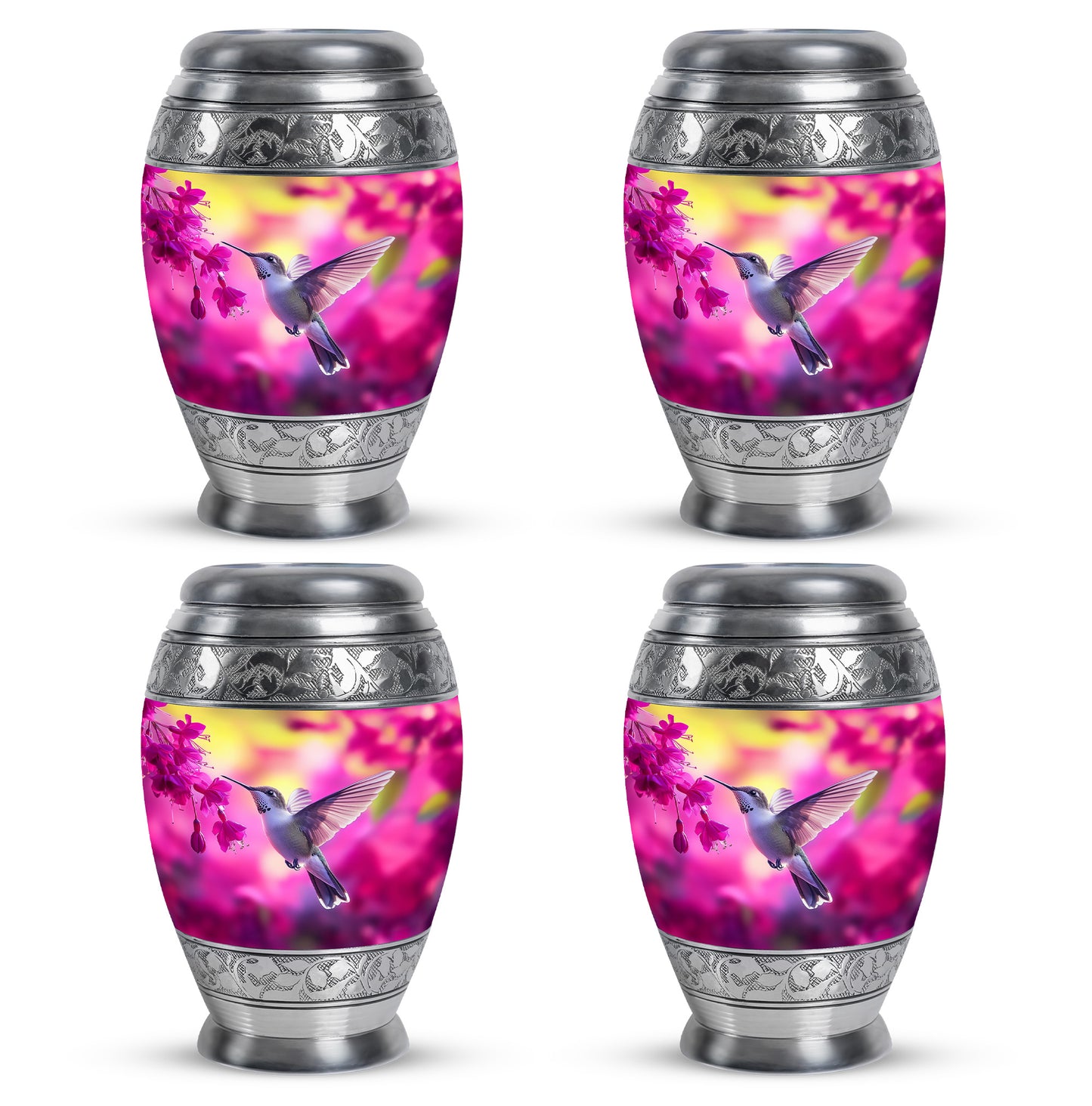 Peony Pink Hummingbird Cremation Urn urn with complimentary velvet bag - ornate monarch-style hummingbird relief on brushed aluminum - 10 inch aluminum urn for cremated remains