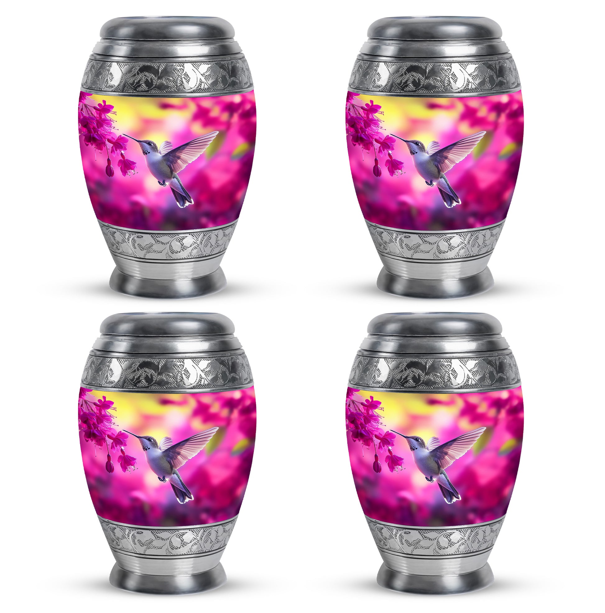 Peony Pink Hummingbird Cremation Urn urn with complimentary velvet bag - ornate monarch-style hummingbird relief on brushed aluminum - 10 inch aluminum urn for cremated remains