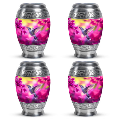 Peony Pink Hummingbird Cremation Urn urn with complimentary velvet bag - ornate monarch-style hummingbird relief on brushed aluminum - 10 inch aluminum urn for cremated remains