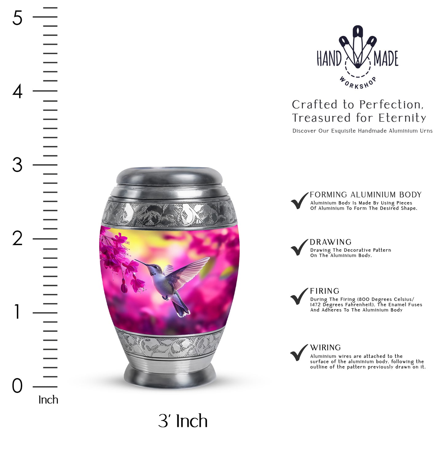 Rose Pink Hummingbird Cremation Urn lifestyle display on memorial shelf - ornate monarch-style hummingbird relief on brushed aluminum - mini keepsake memorial for portion of cremation ashes