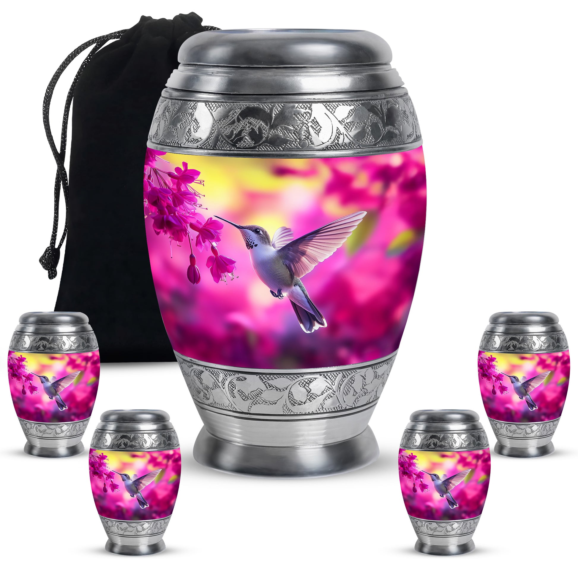 Pastel Pink Hummingbird Cremation Urn detail view - regal hummingbird design with crown-inspired accents - memorial set with one large and four small urns