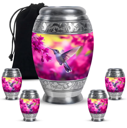 Pastel Pink Hummingbird Cremation Urn detail view - regal hummingbird design with crown-inspired accents - memorial set with one large and four small urns