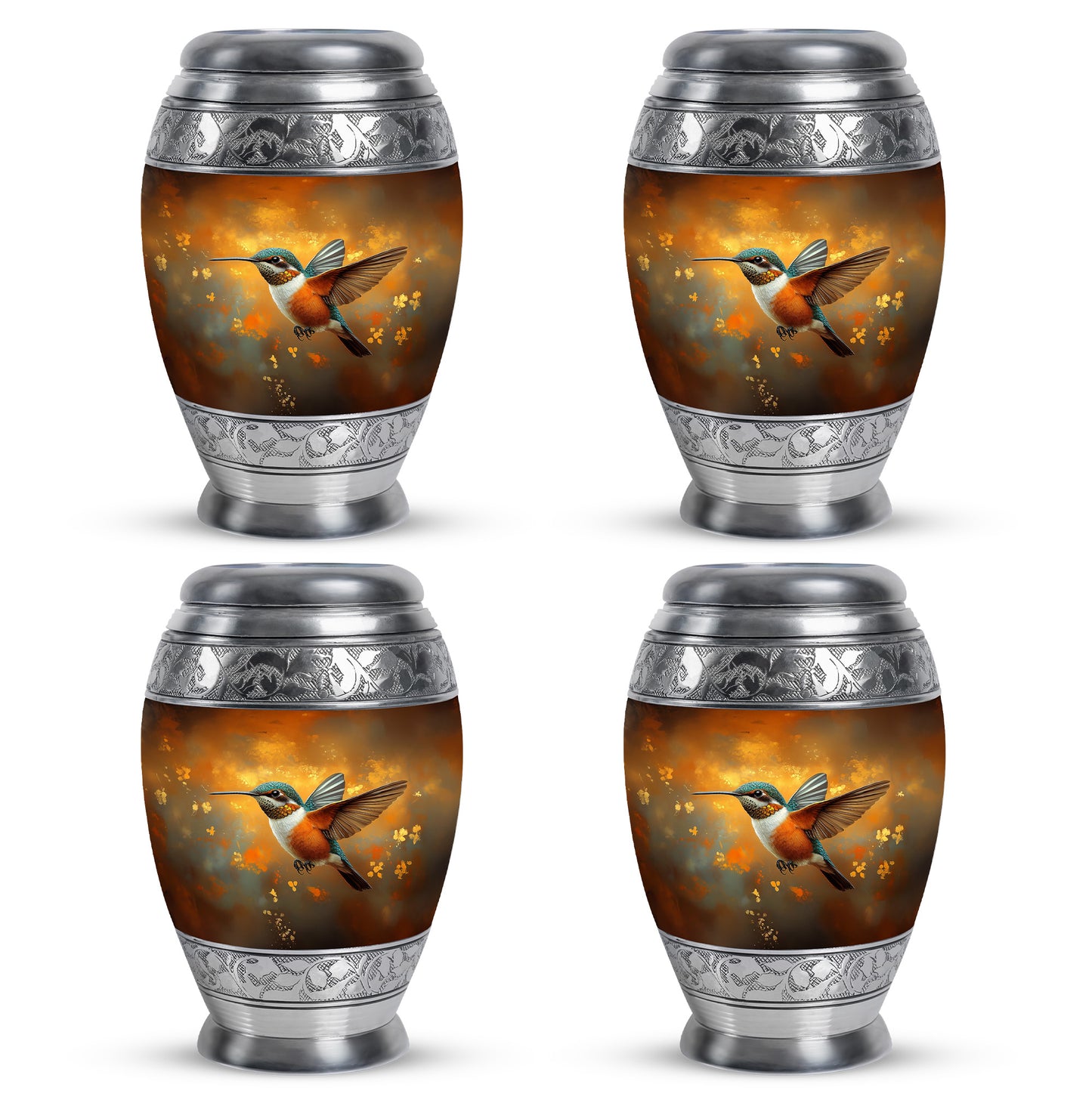 Royal Gold Hummingbird Cremation Urn urn with complimentary velvet bag - majestic hummingbird pattern with filigree border - 10 inch aluminum urn for cremated remains