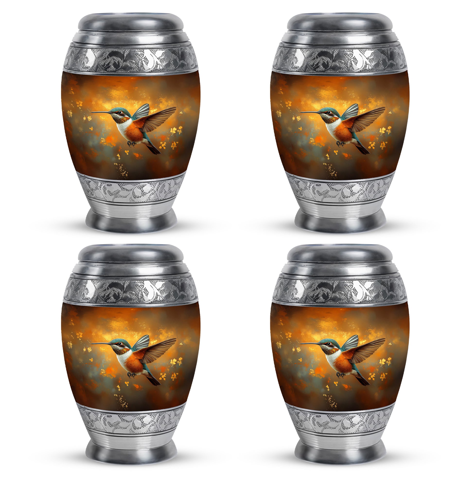 Royal Gold Hummingbird Cremation Urn urn with complimentary velvet bag - majestic hummingbird pattern with filigree border - 10 inch aluminum urn for cremated remains